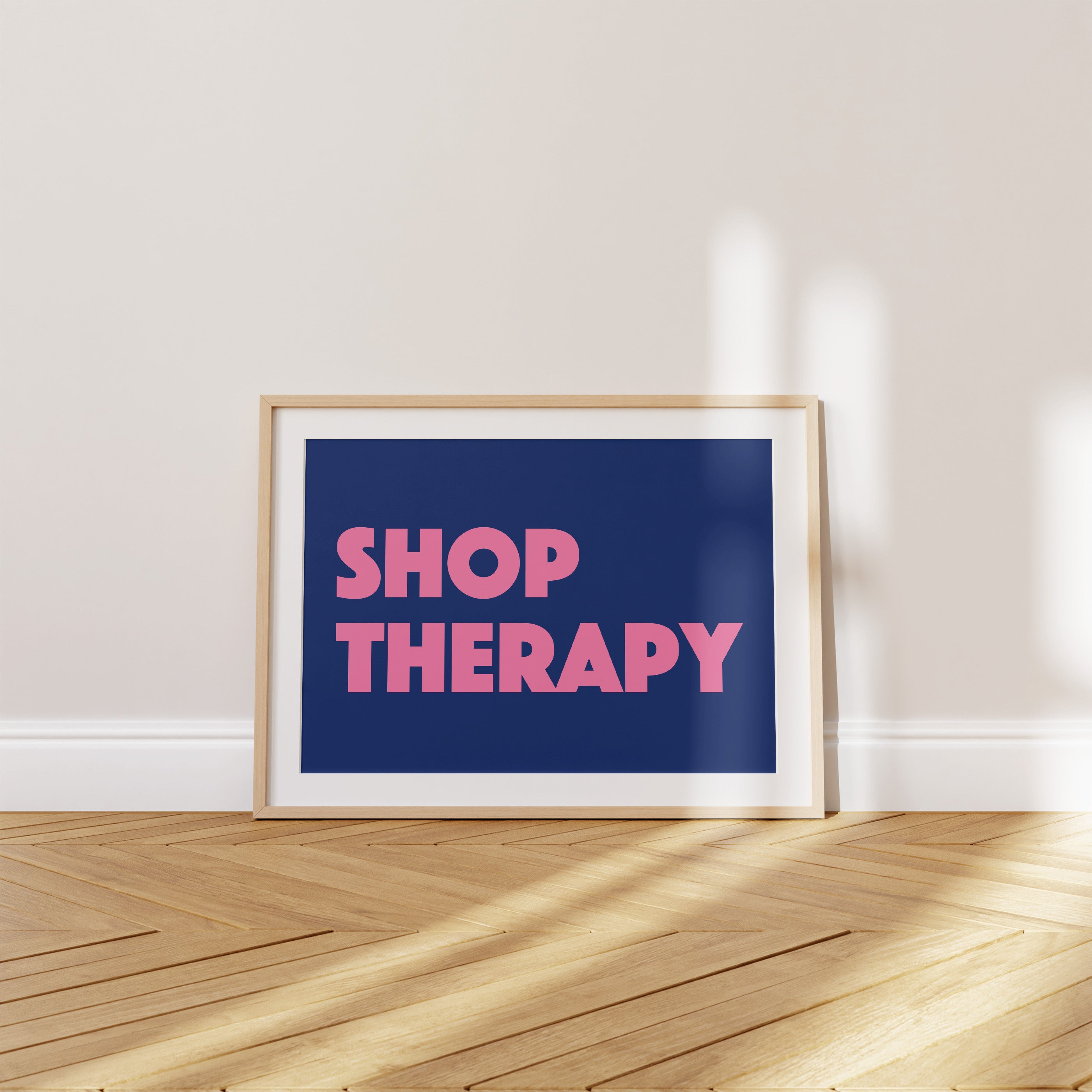 'Shop Therapy' Poster — A Blue Background, A Pink Declaration, A Very Good Reason to Open a Shop.